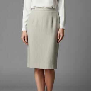 Vintage CHRISTY GIRL Pencil Skirt Tan Linen Look Lined Size 14 Elasticated Waist